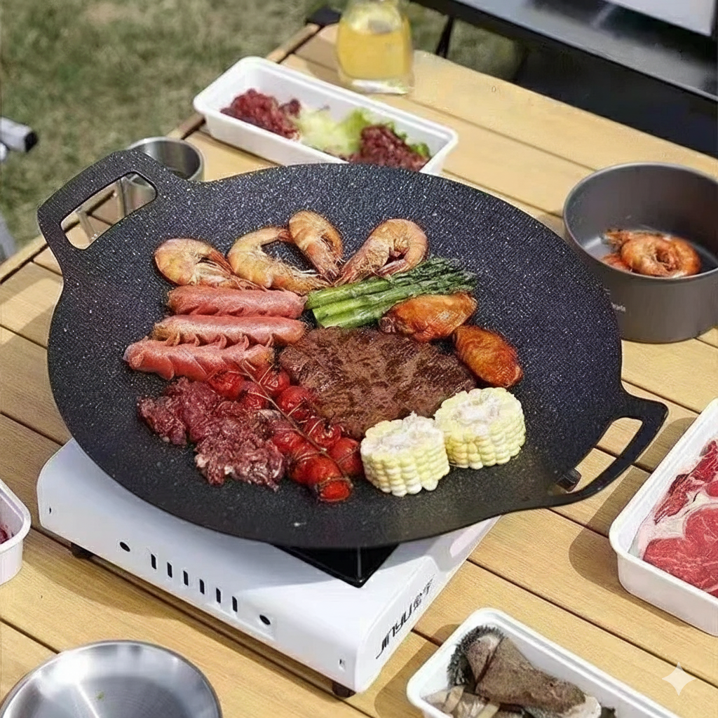 Grelha SeoulFlame – Chapa redonda antiaderente para churrasco coreano, ideal para viagens, uso doméstico e camping.