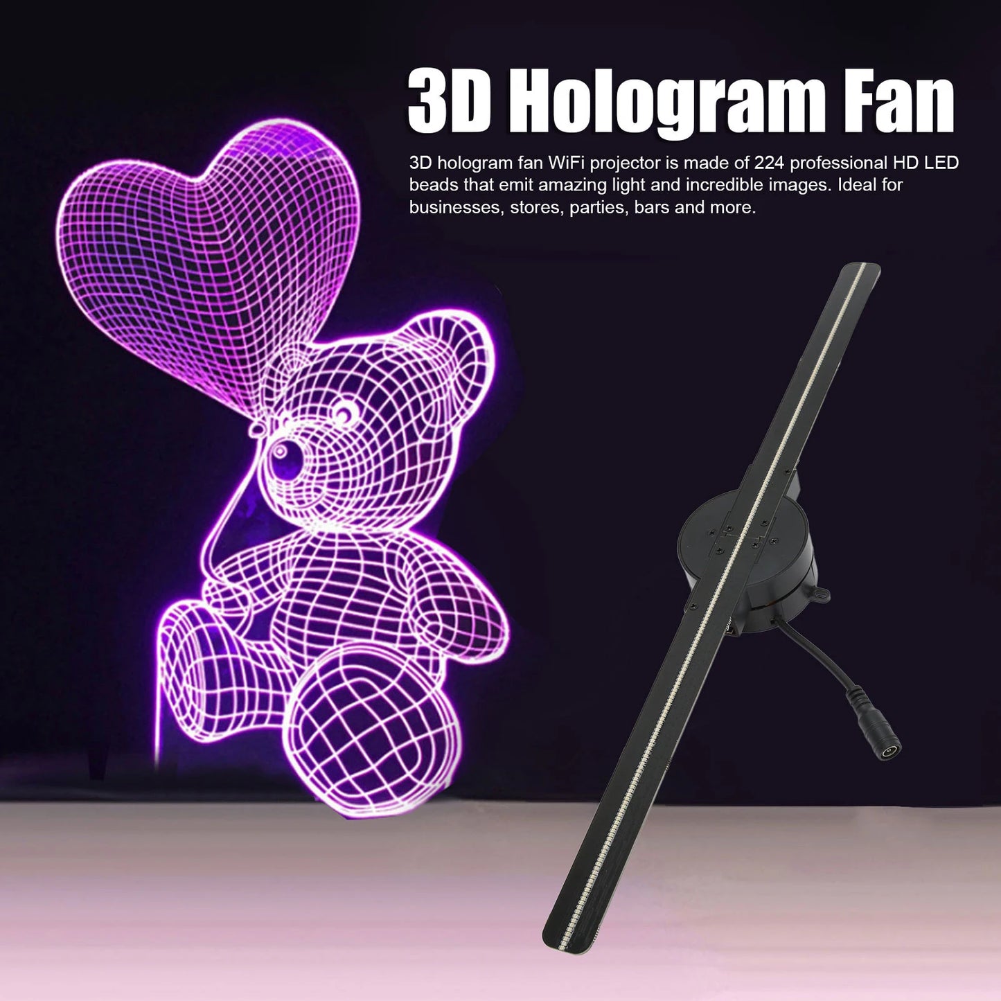 HoloView 3D Hologram Fan – Projetor WiFi de 16,5 polegadas com 224 LEDs para publicidade empresarial