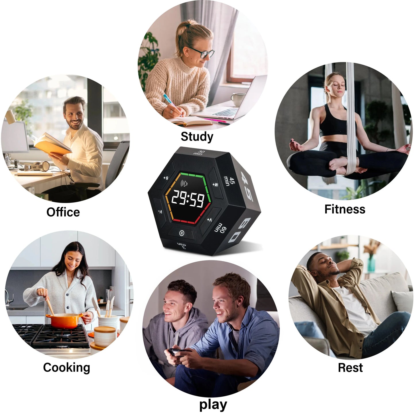 Temporizador digital magnético FocusFlip – Ferramenta inteligente de produtividade e Pomodoro para trabalho e estudo.