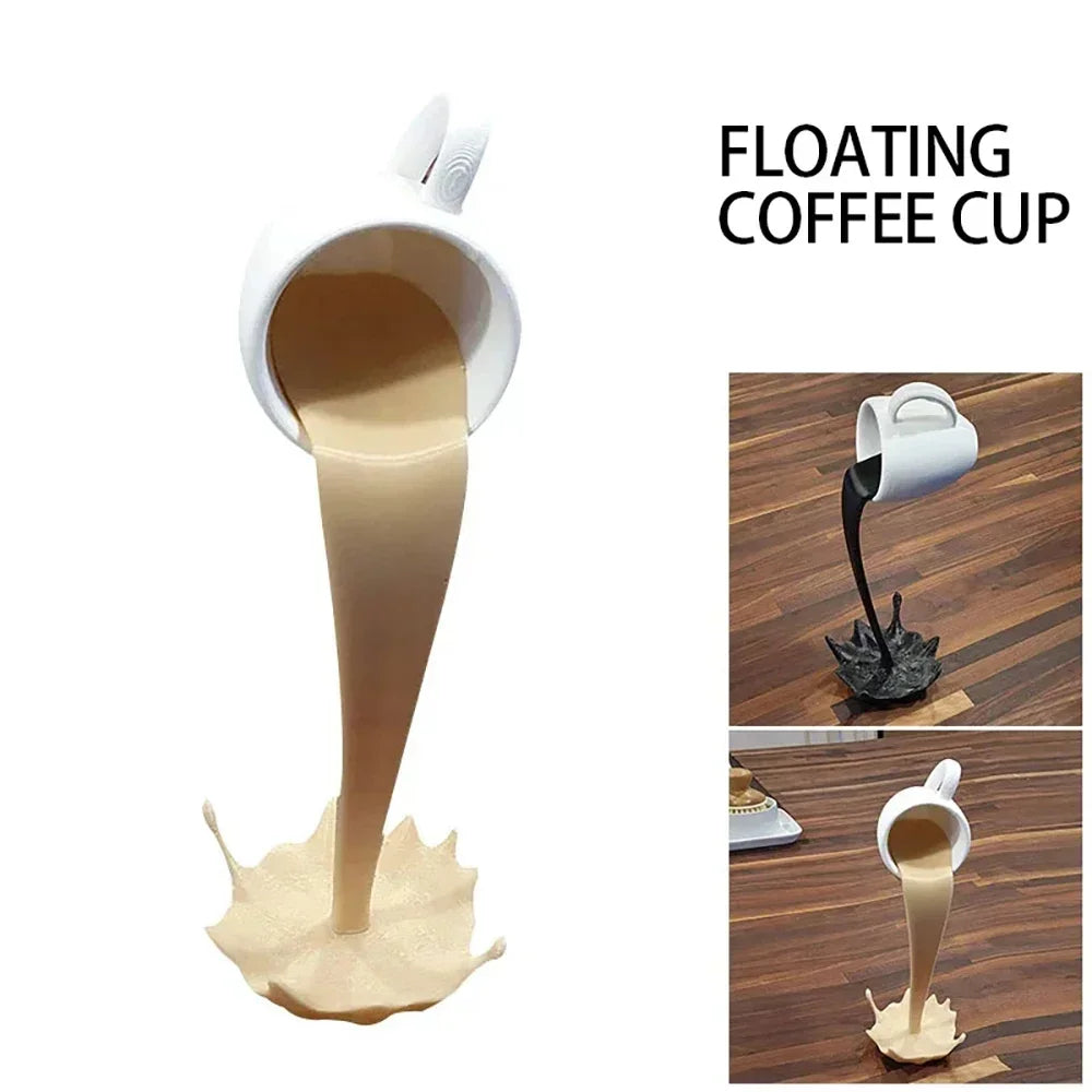 Caneca de café flutuante PourMagic – Escultura criativa em resina para decoração de casa e escritório