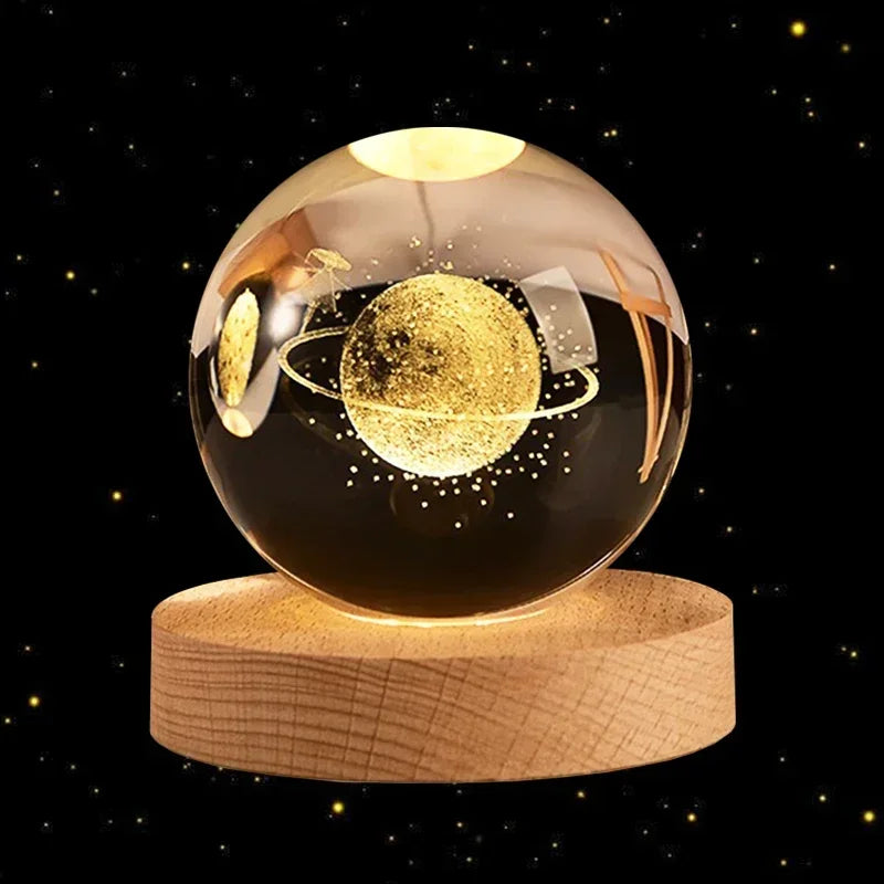Globo de Cristal 3D CosmoSphere – Bola de Vidro do Sistema Solar e Planeta Terra com Suporte de Madeira